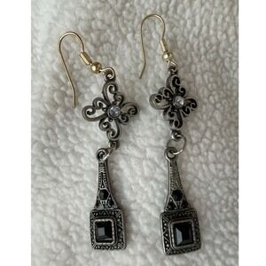 Vintage Style Art Deco Drop Earrings Black Stone Filigree Gothic Boho Statement